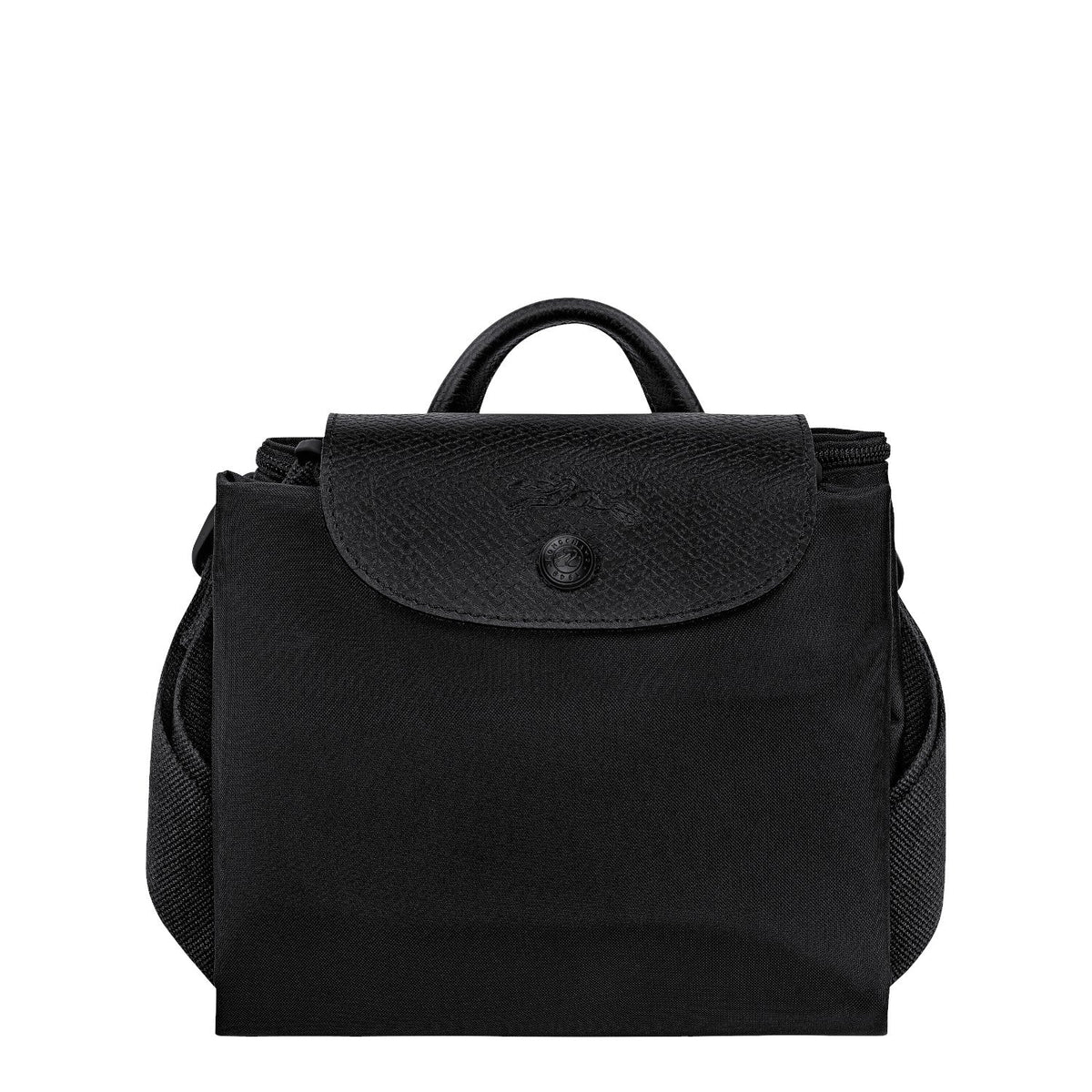 Lieblingstasche Le Pliage One Rucksack in black nylon with leather trim and a snap closure.