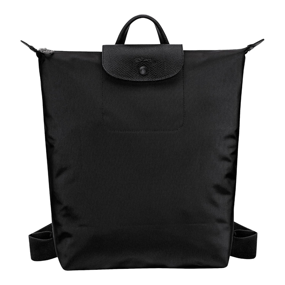 Lieblingstasche Le Pliage One Rucksack in black nylon with leather trim and snap closure.