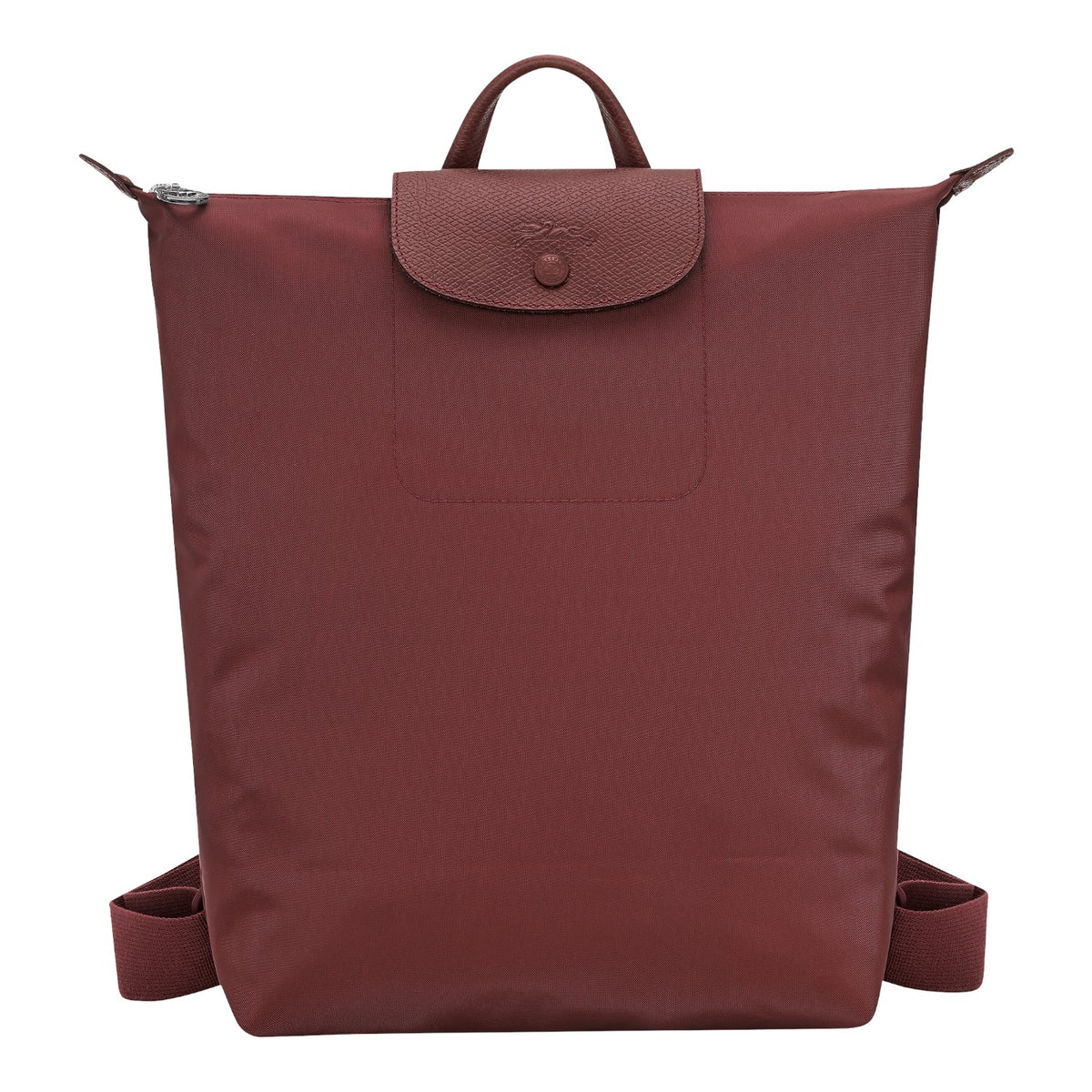 Lieblingstasche Le Pliage One Rucksack in deep red nylon with leather trim and flap closure.