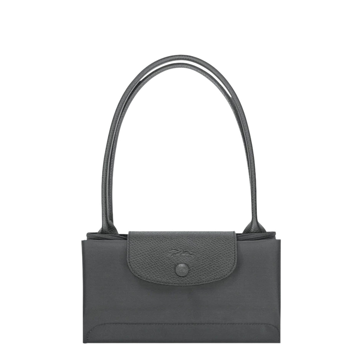 Lieblingstasche Le Pliage One shoulder bag in dark grey nylon with leather trim and snap closure.