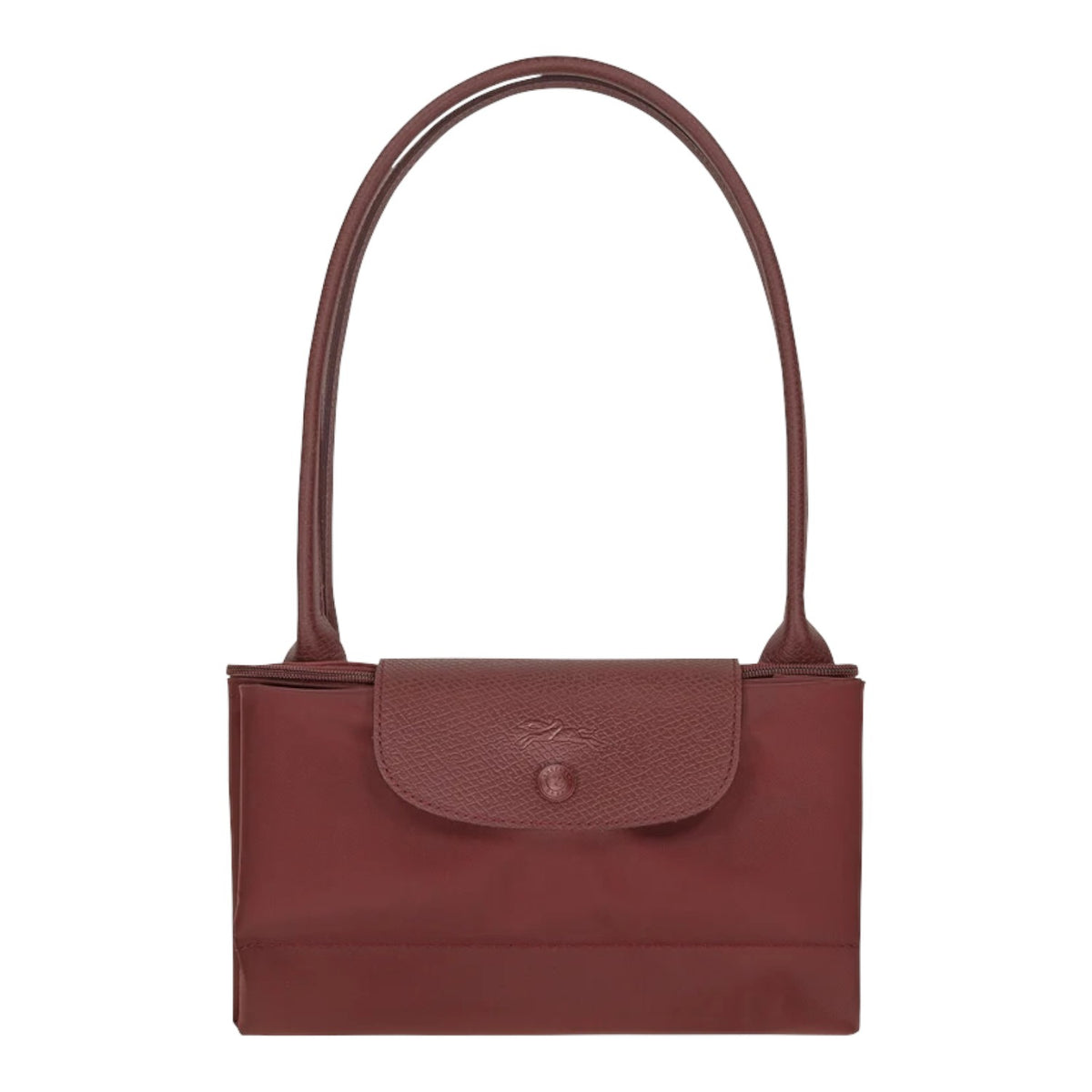 Lieblingstasche Le Pliage One shoulder bag in dark red nylon with leather trim and a snap closure.