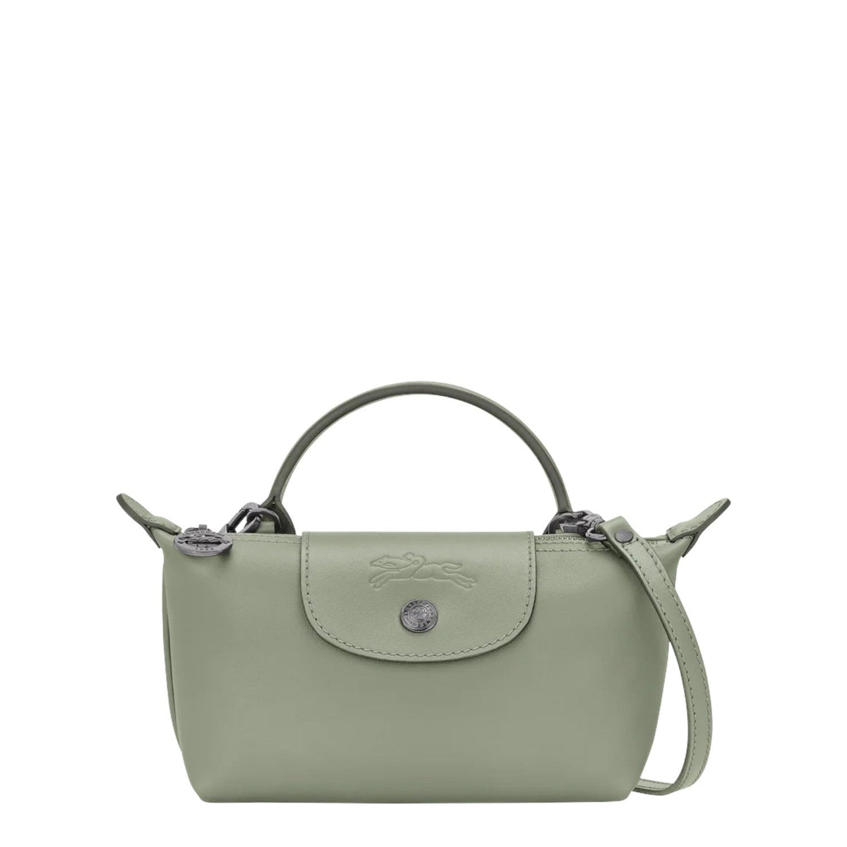 Lieblingstasche Le Pliage Xtra Pochette in light green leather with a top handle and detachable strap.