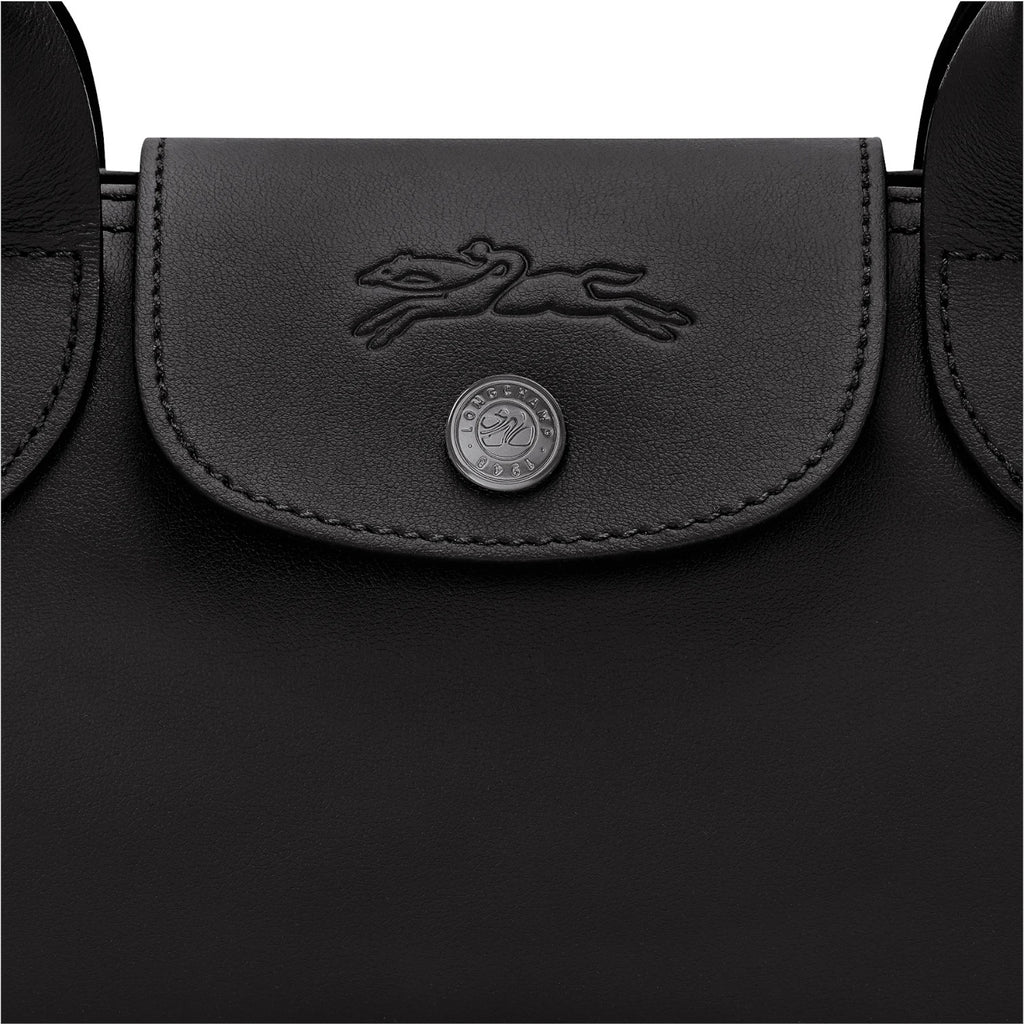 Lieblingstasche Le Pliage Xtra S black leather shoulder bag with embossed horse logo and snap closure.
