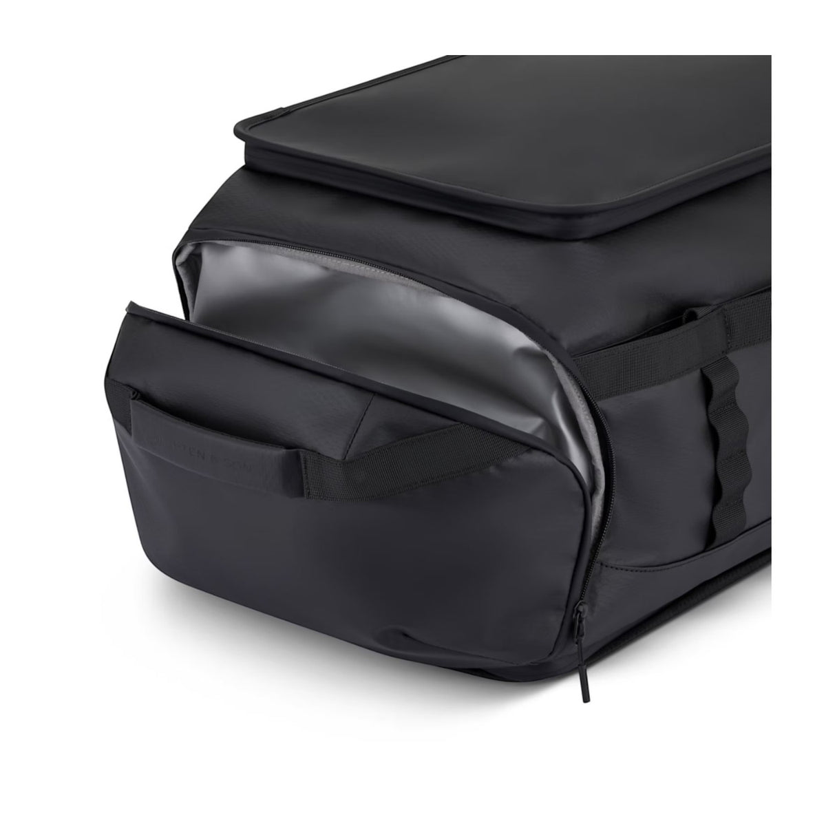 Lieblingstasche Lisbon Duffle Backpack L in black with a partially open side compartment and durable zipper detail