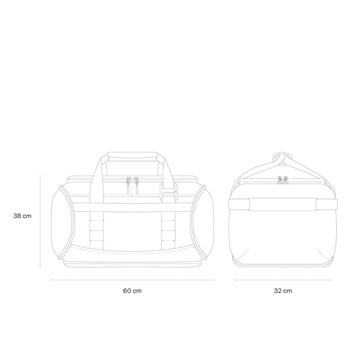 Lieblingstasche Lisbon Duffle Backpack L technical line drawing showing front and side dimensions