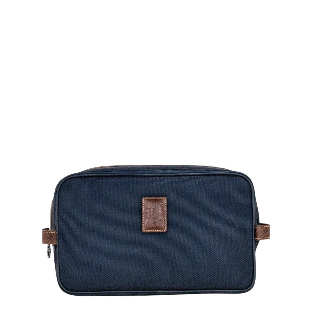Lieblingstasche Longchamp Boxford navy blue toiletry bag with brown leather trim and logo patch