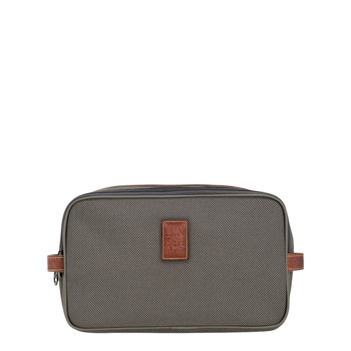 Lieblingstasche Longchamp Boxford toiletry bag in olive green canvas with brown leather trim and zipper compartments.