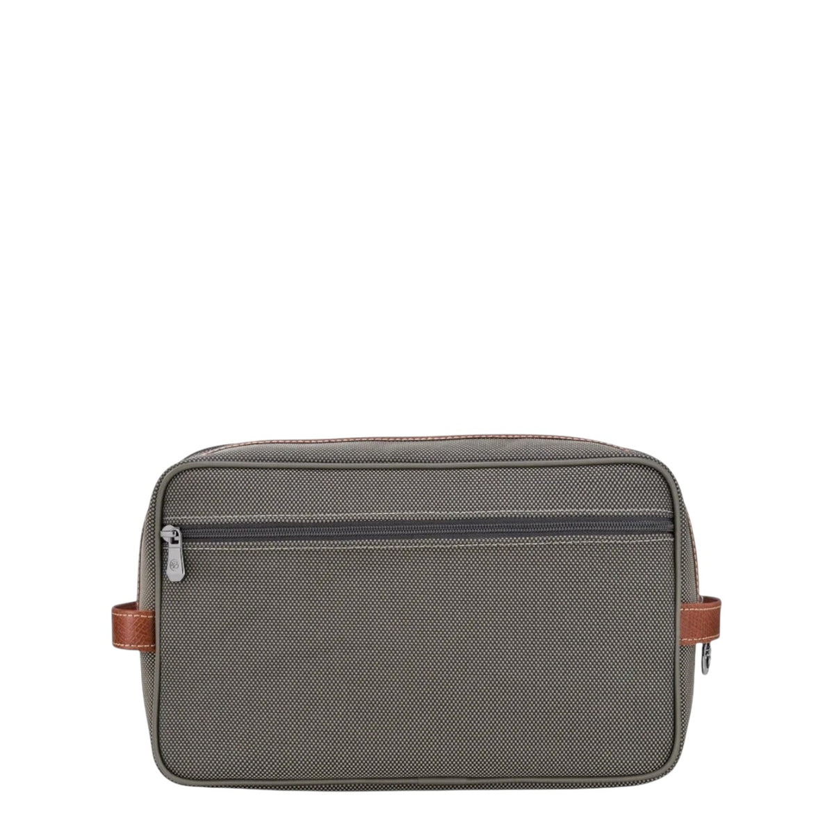 Lieblingstasche Longchamp Boxford toiletry bag in olive green canvas with brown leather trim and zipper pockets.