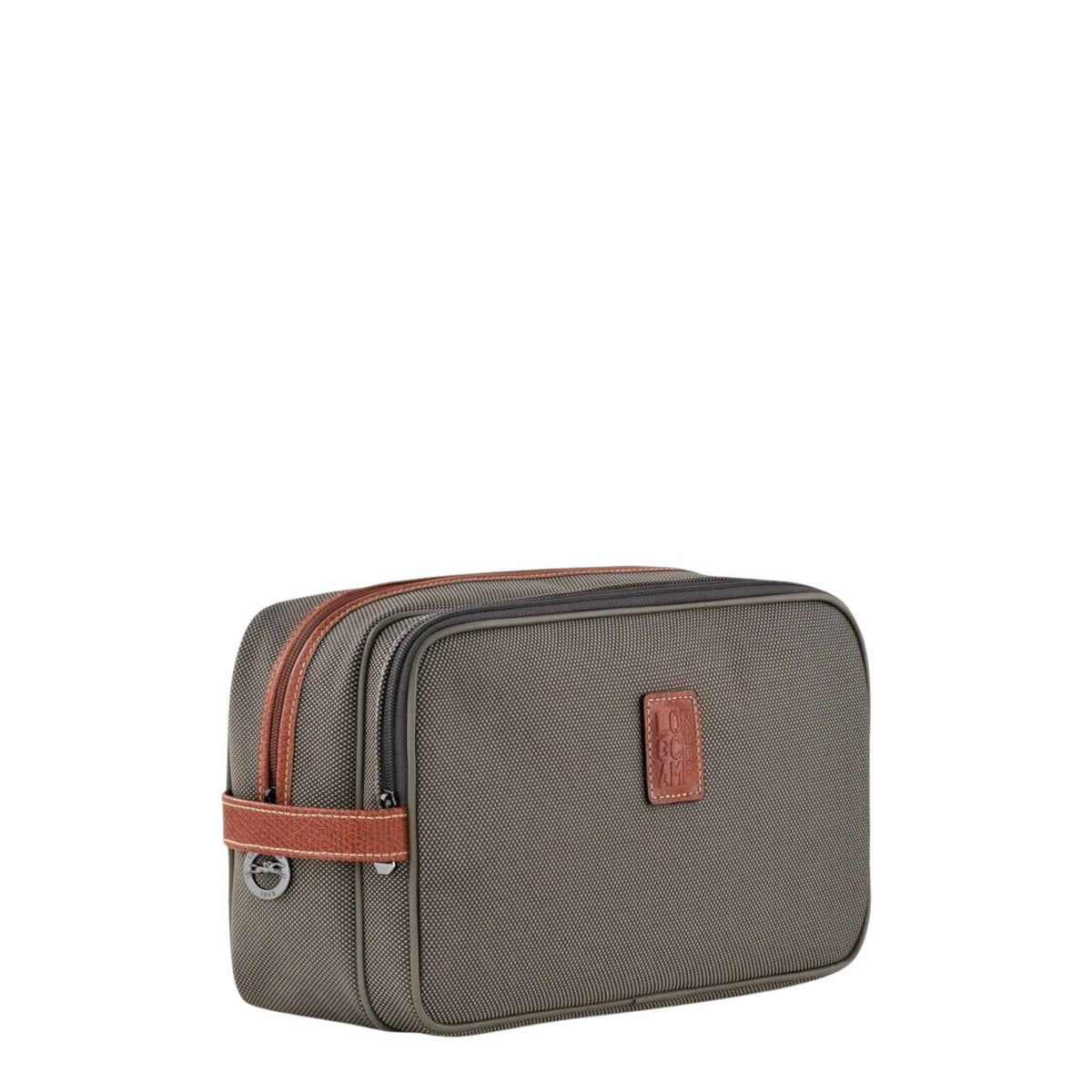 Lieblingstasche Longchamp Boxford toiletry bag in olive green canvas with brown leather trim and zip compartments