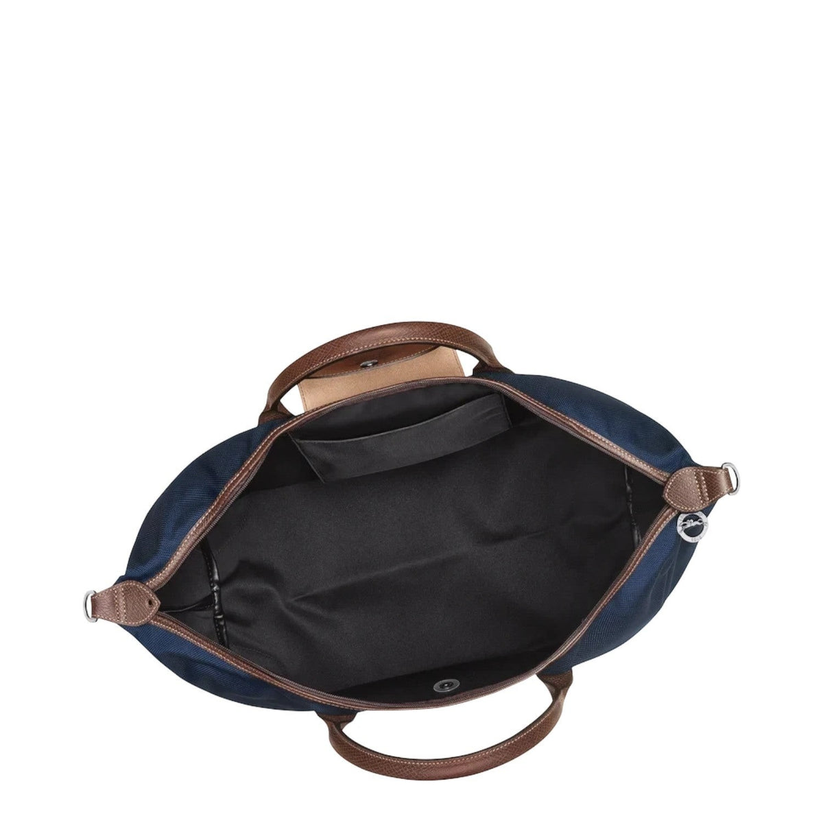 Lieblingstasche Longchamp Boxford travel bag in navy blue with brown leather handles and open interior view