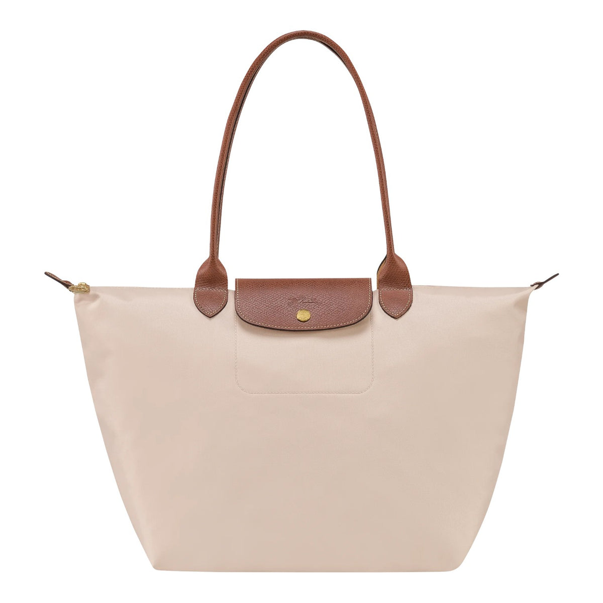 Lieblingstasche Longchamp Le Pliage large shoulder bag in beige nylon with brown leather handles and gold hardware