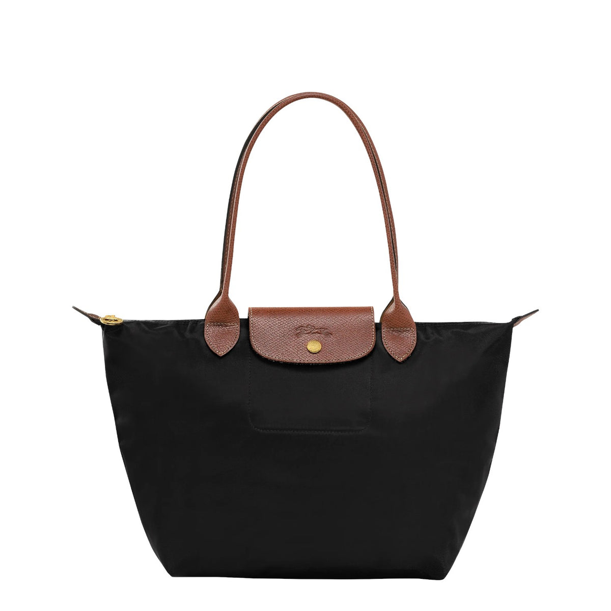 Lieblingstasche Longchamp Le Pliage medium shoulder bag in black nylon with brown leather trim and gold hardware