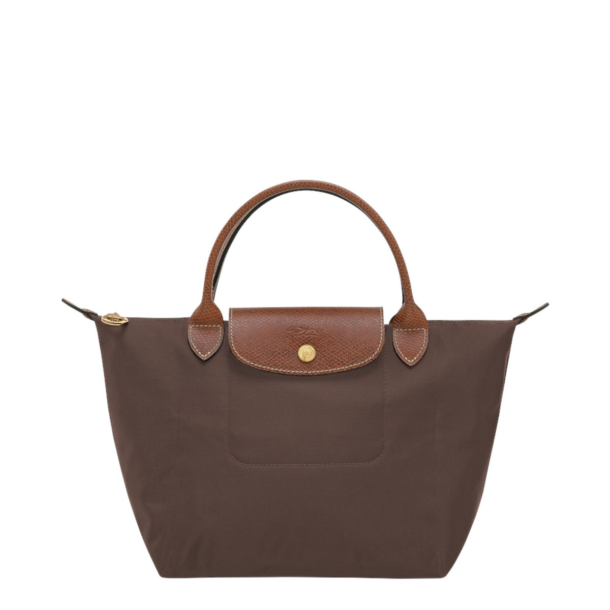 Lieblingstasche Longchamp Le Pliage small handbag in brown nylon with brown leather handles and gold hardware.