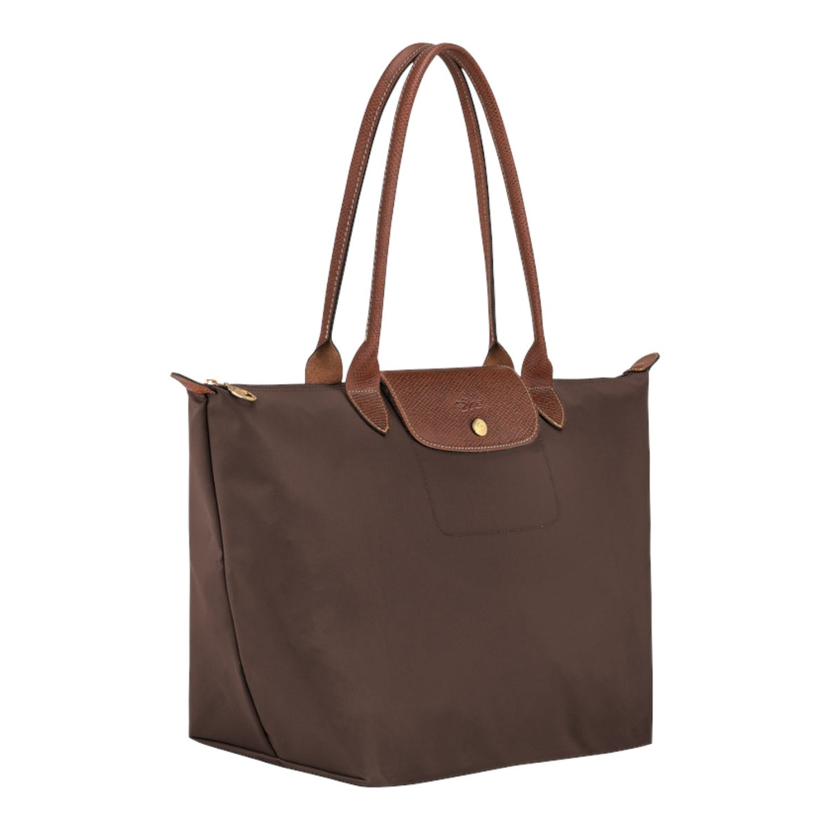 Lieblingstasche Longchamp Le Pliage large brown nylon shoulder bag with leather handles and gold-tone snap closure