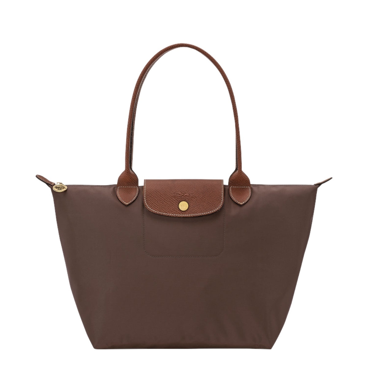 Lieblingstasche Longchamp Le Pliage medium shoulder bag in brown nylon with leather handles and gold snap button