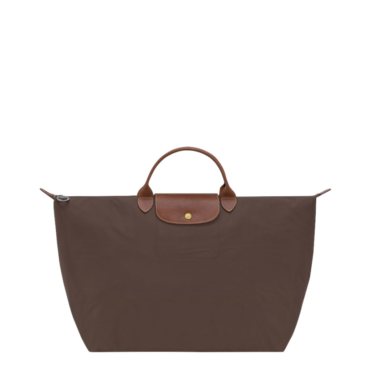 Lieblingstasche Longchamp Le Pliage large travel bag in brown nylon with brown leather handles and flap closure
