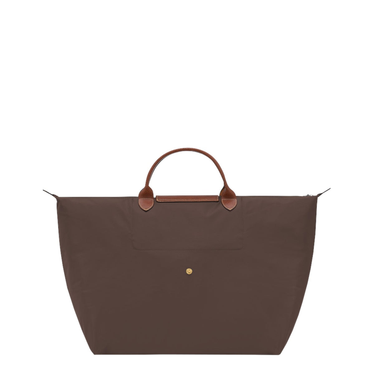Lieblingstasche Longchamp Le Pliage large travel bag in brown nylon with brown leather handles and gold snap button