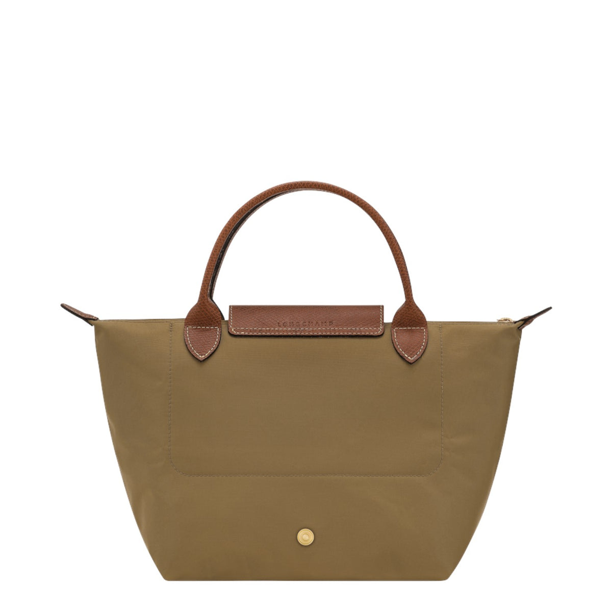 Lieblingstasche Longchamp Le Pliage small handbag in khaki nylon with brown leather handles and gold snap button.