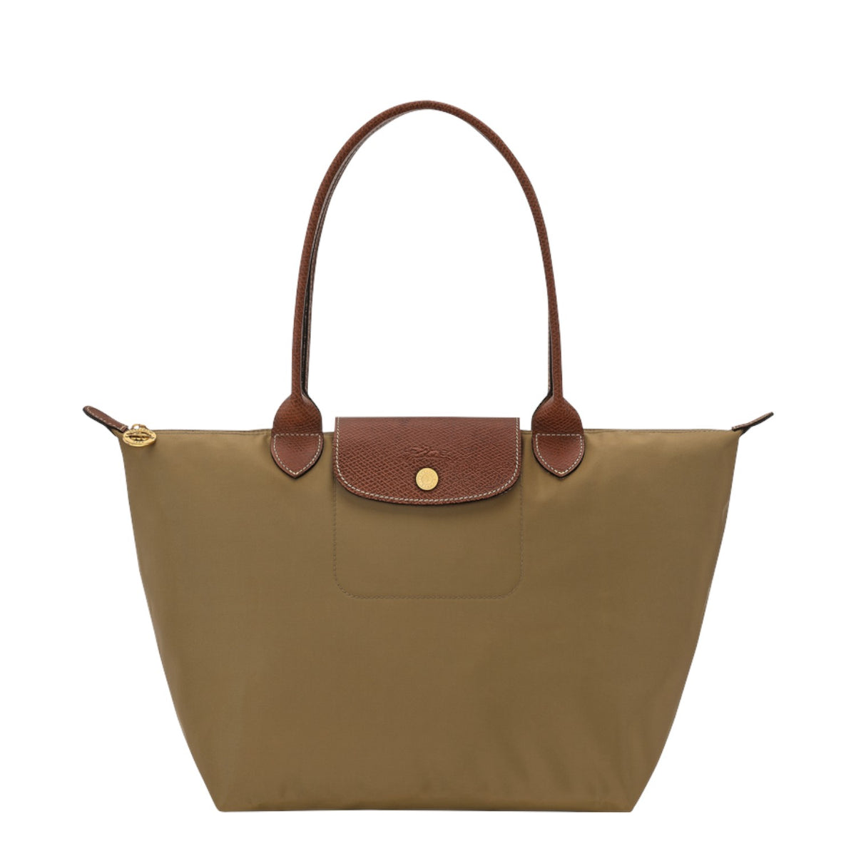 Lieblingstasche Longchamp Le Pliage medium shoulder bag in khaki nylon with brown leather trim and gold hardware