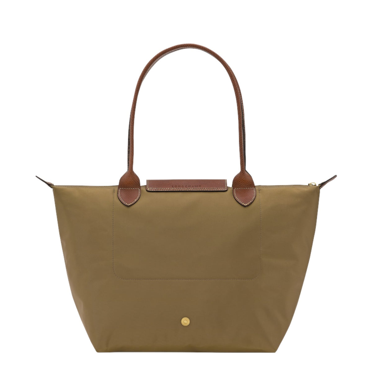 Lieblingstasche Longchamp Le Pliage medium shoulder bag in olive green nylon with brown leather handles and trim.