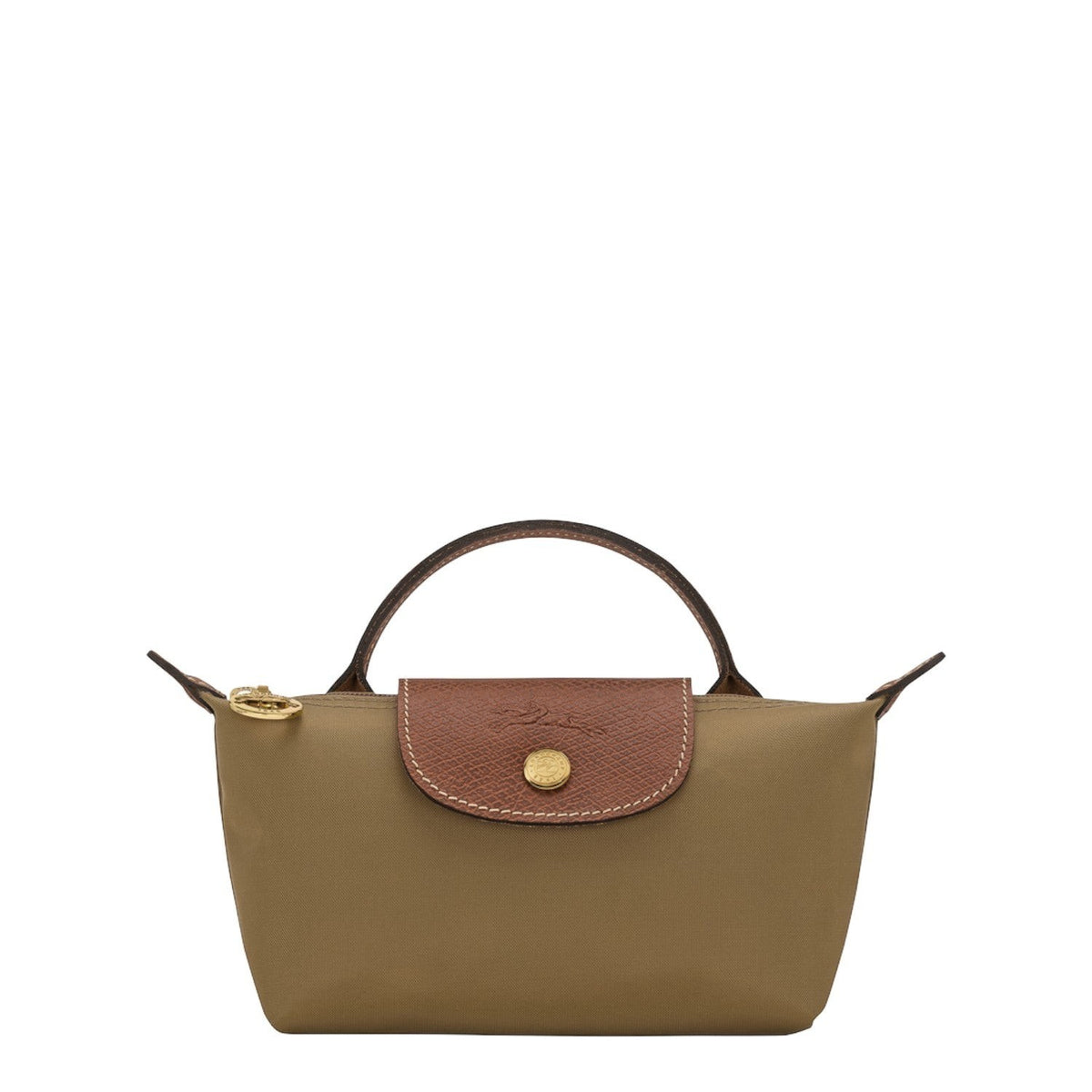 Lieblingstasche Longchamp Le Pliage Pochette in khaki nylon with brown leather flap and gold-tone hardware.