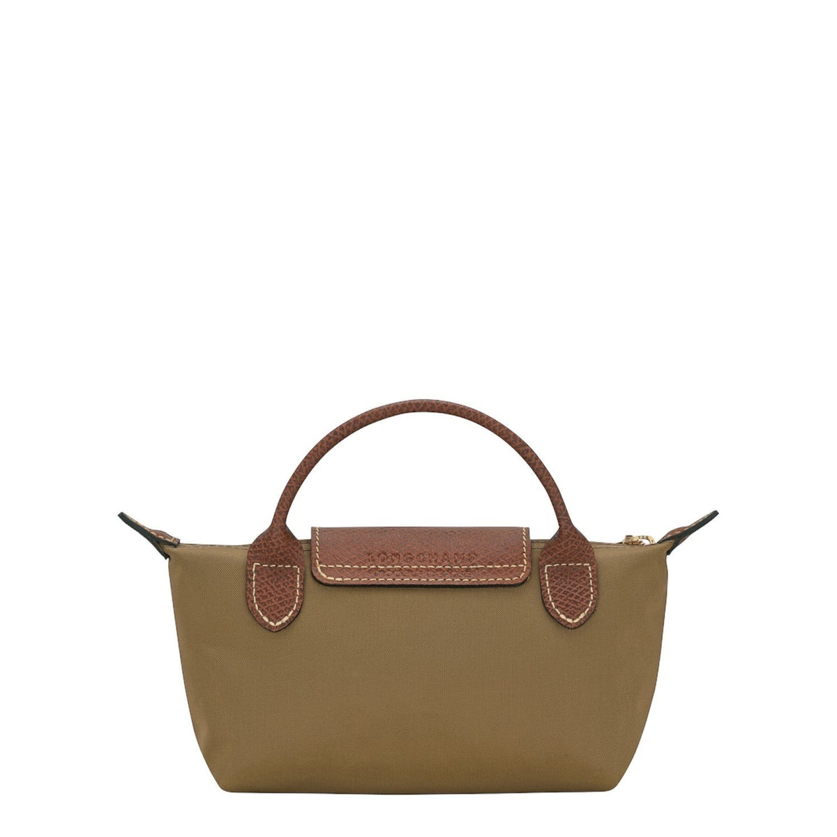 Lieblingstasche Longchamp Le Pliage Pochette in khaki nylon with brown leather handle and flap closure