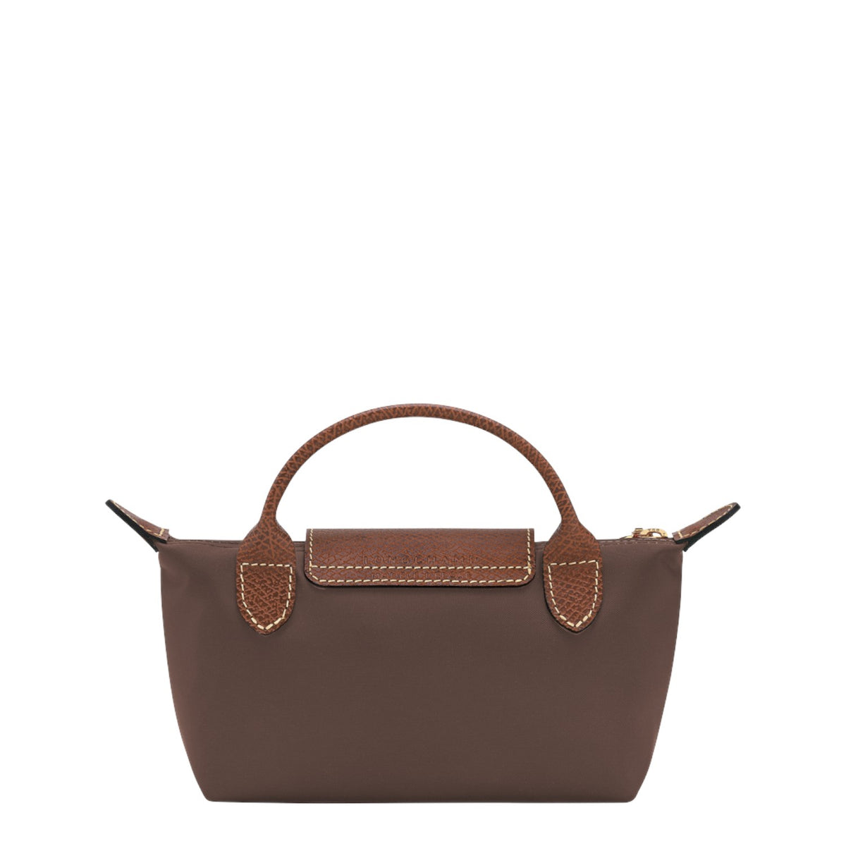 Lieblingstasche Longchamp Le Pliage Pochette in taupe nylon with brown leather handle and flap