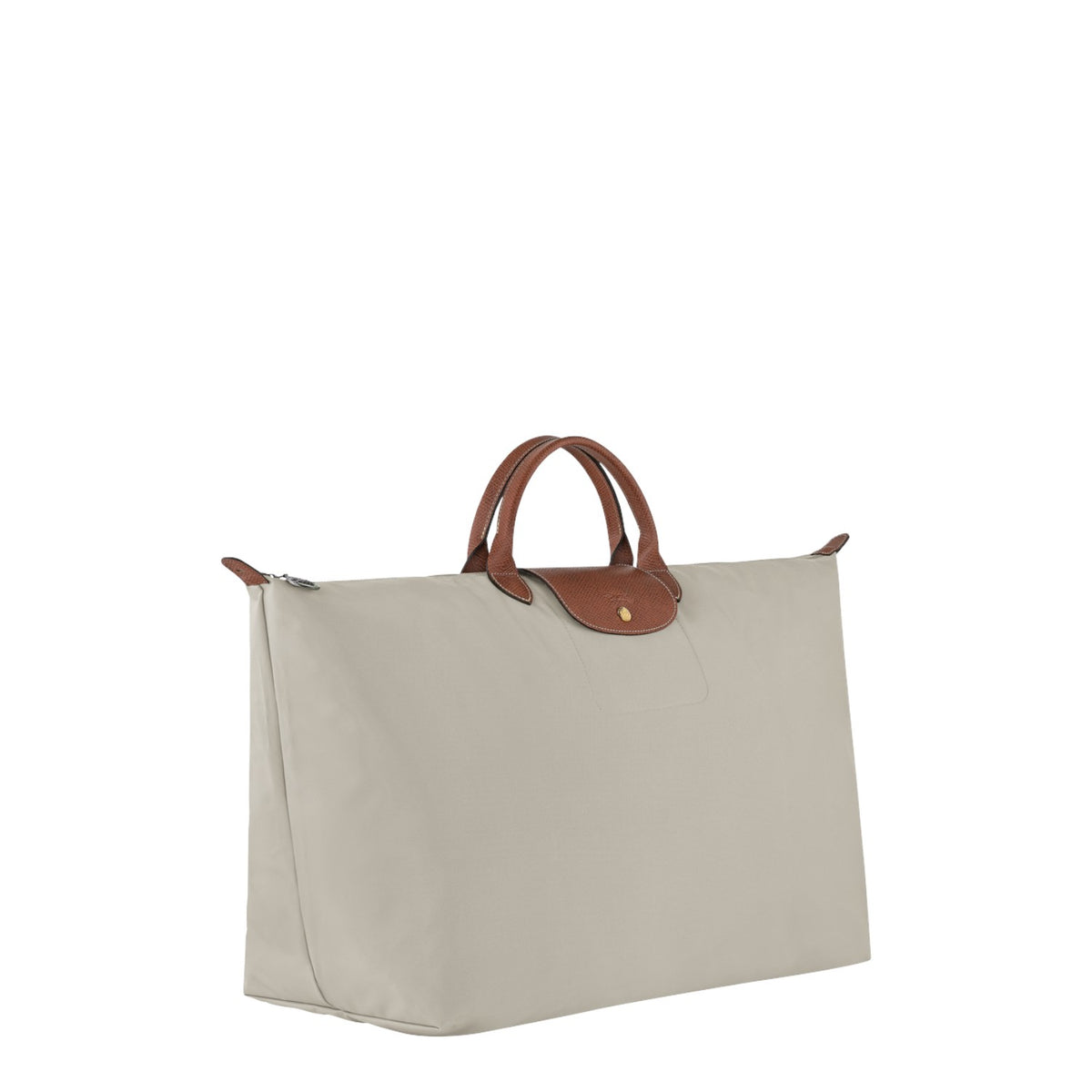 Lieblingstasche Longchamp Le Pliage XL travel bag in beige nylon with brown leather handles and gold-tone hardware.