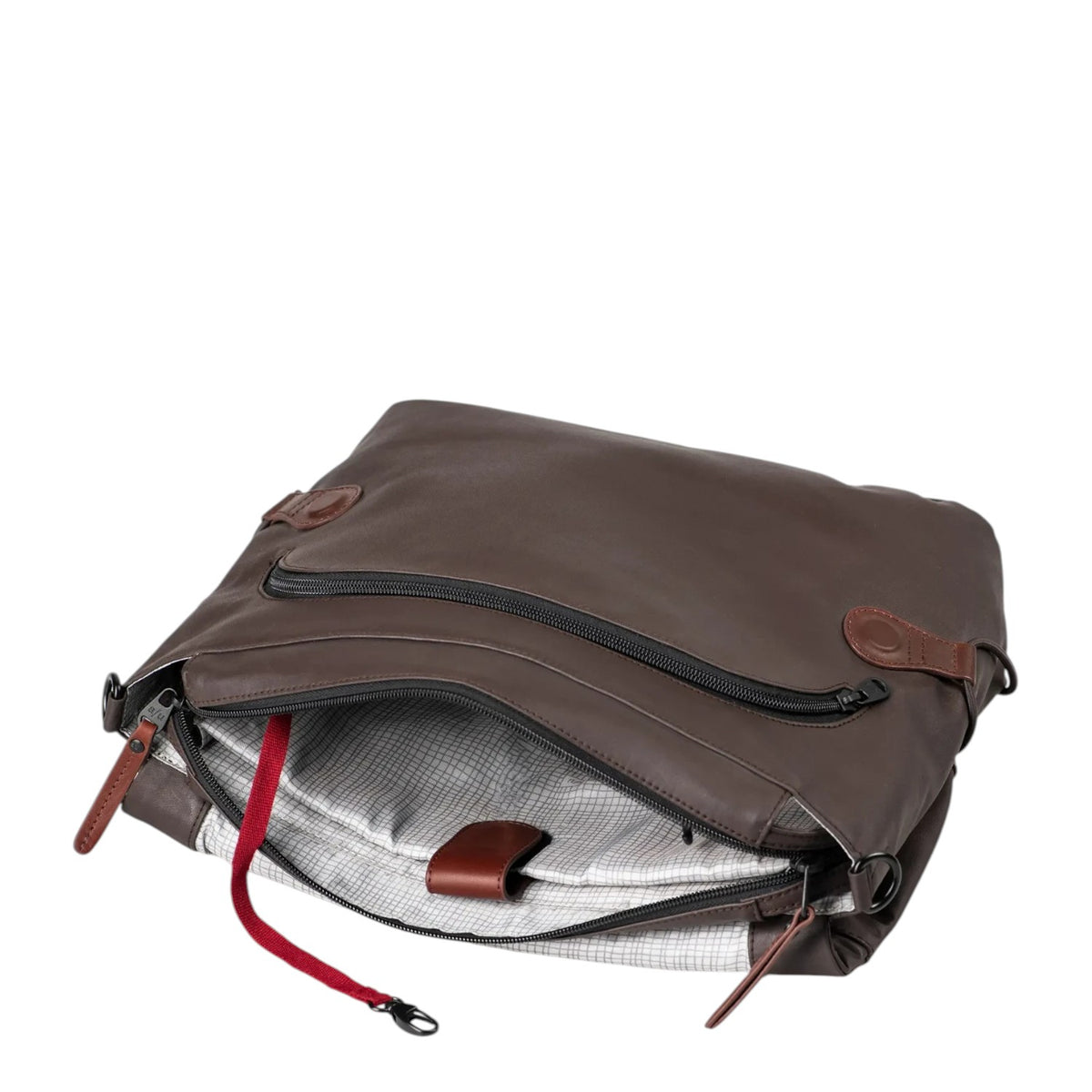 Lieblingstasche Matsumoto brown leather crossbody bag with open zippered compartment and checkered interior lining