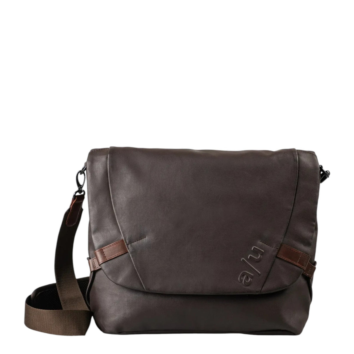 Lieblingstasche Matsumoto dark brown leather messenger bag with adjustable shoulder strap and embossed logo detail
