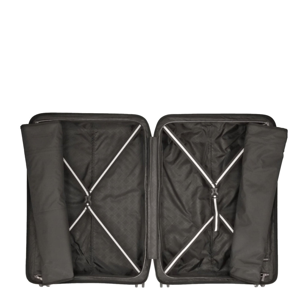 Lieblingstasche Mogens 4W Trolley L open, showing spacious black interior with cross straps and zippered compartments.