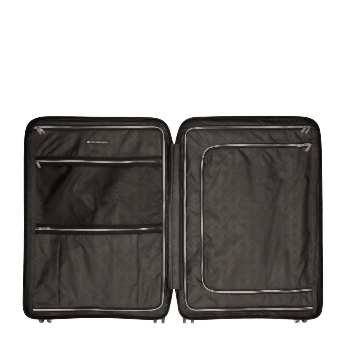 Lieblingstasche Mogens 4W Trolley L open, showing black interior with zippered compartments and straps.