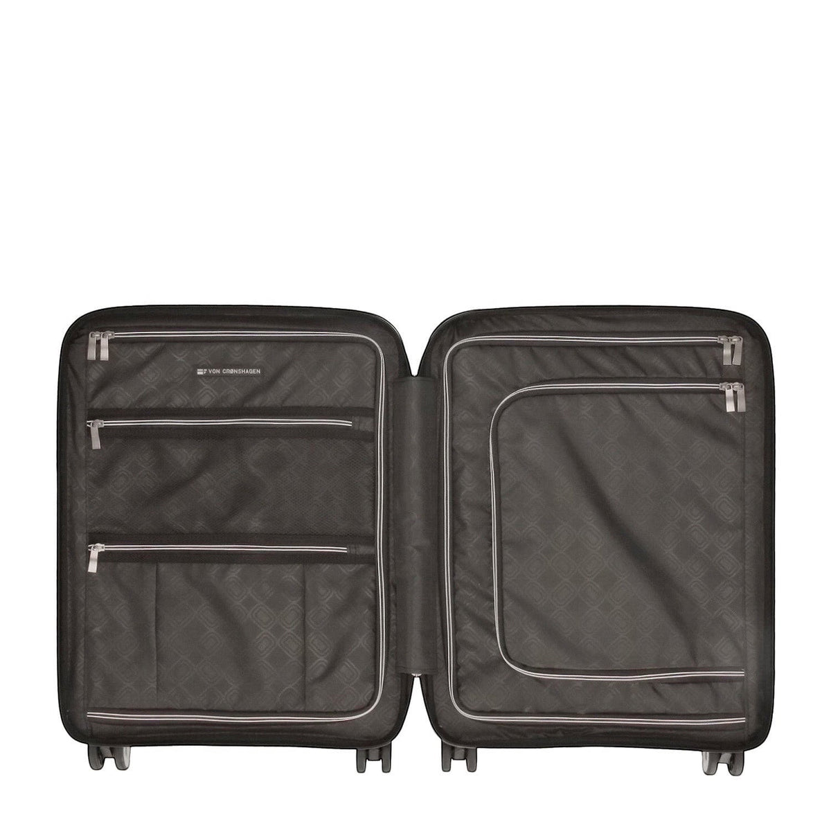 Lieblingstasche Mogens 4W Cabin Trolley S, black, open interior with multiple zippered compartments and elastic straps.