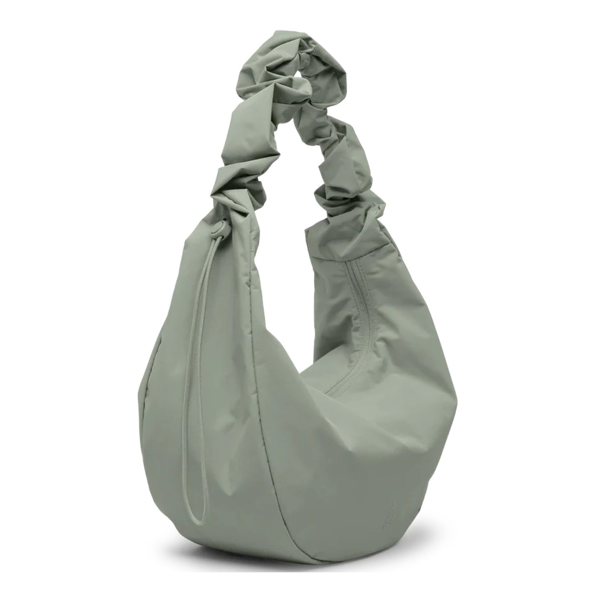 Lieblingstasche Moon Bag Ruffle Large in sage green made from recycled fishing nets with a gathered shoulder strap.
