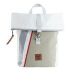 Lieblingstasche Möwe roll-top backpack in white and beige sailcloth with a brown leather logo patch