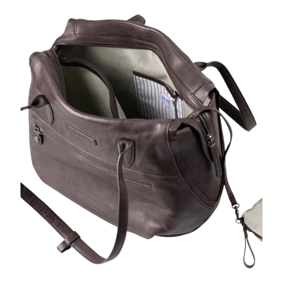 Lieblingstasche Mrs. Florentine dark brown leather handbag with open top, zipper closure, and striped interior lining
