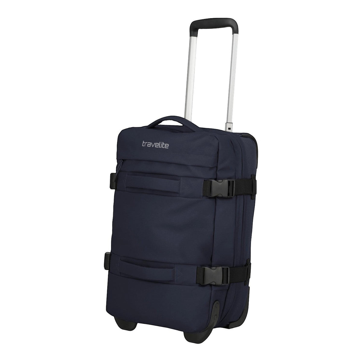 Lieblingstasche navy blue fabric rolling travel bag with telescopic handle and compression straps.