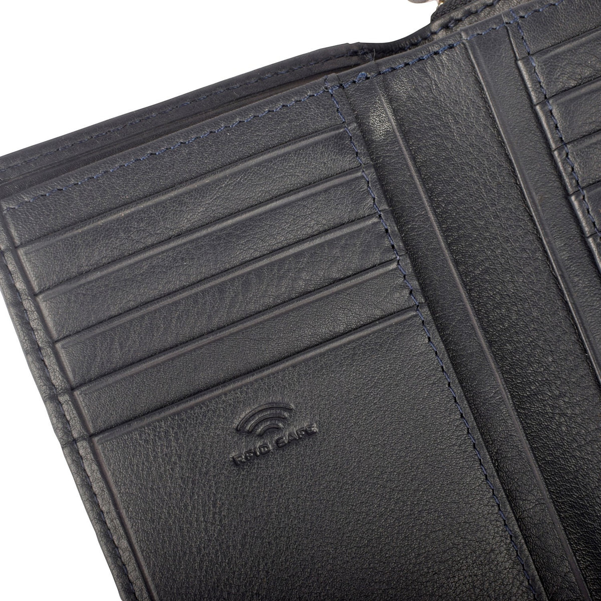 Lieblingstasche navy blue leather bifold wallet with RFID safe technology and multiple card slots.