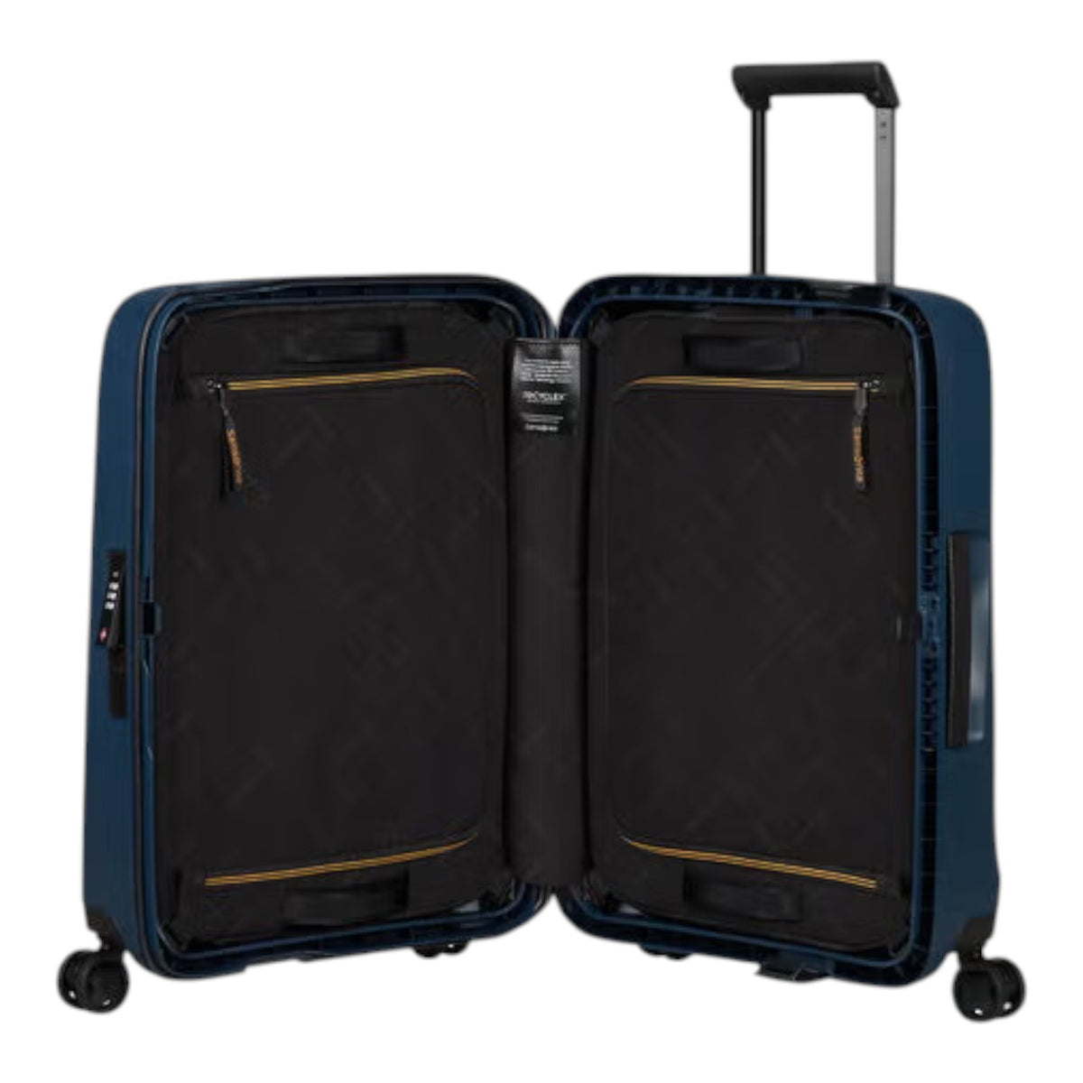Lieblingstasche navy blue spinner suitcase with TSA lock and adjustable handle, open to show black interior with zippered compartments.