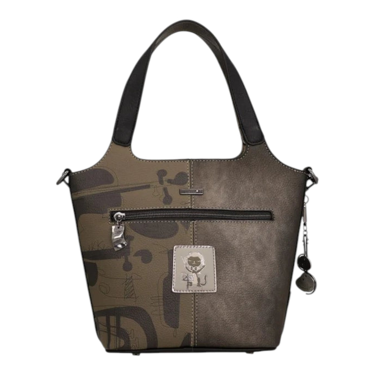 Lieblingstasche short handle bag in olive and bronze with abstract musical instrument print and metal charm