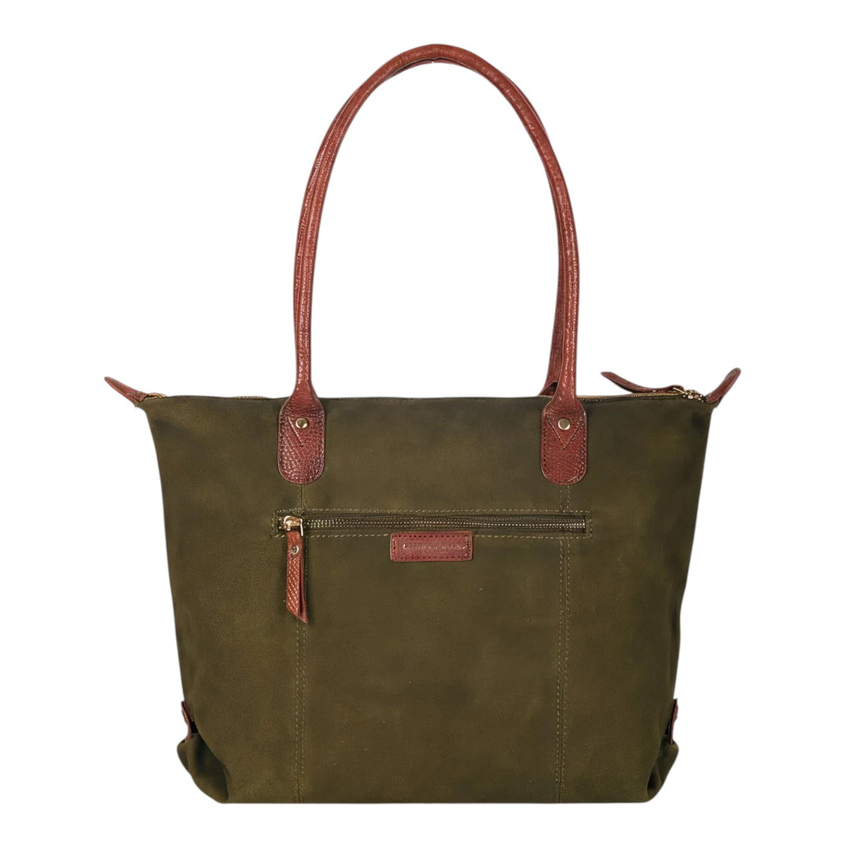 Lieblingstasche Sofia L olive green canvas tote bag with brown leather straps and gold hardware. Features a front zip pocket and top zip closure.