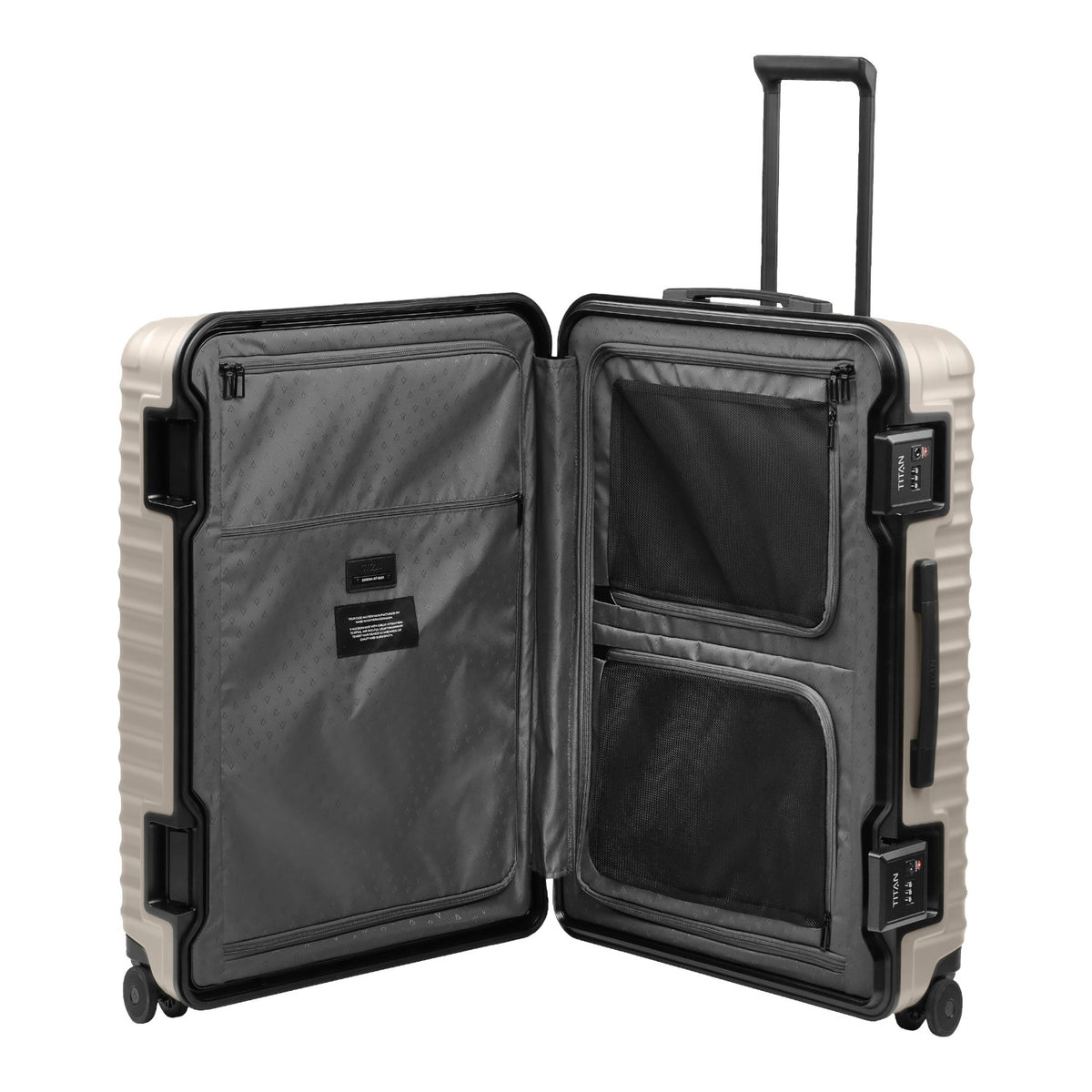 Lieblingstasche OVERSEAS 4w Trolley L in beige with open interior featuring zippered mesh compartments and lining.