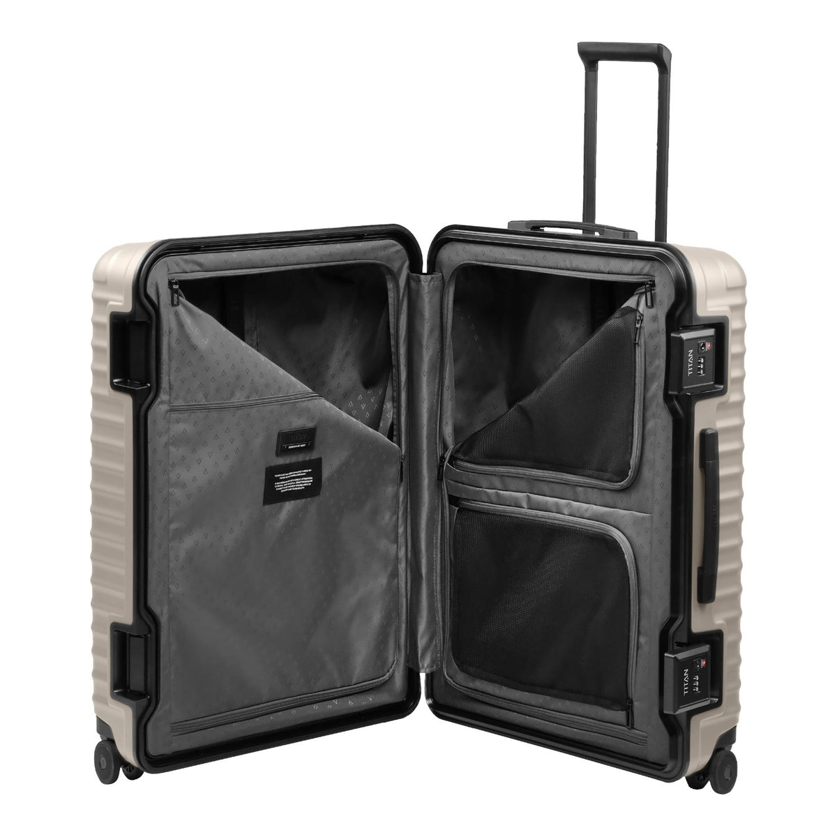 Lieblingstasche OVERSEAS 4w Trolley L in beige with open interior featuring zippered compartments and packing dividers