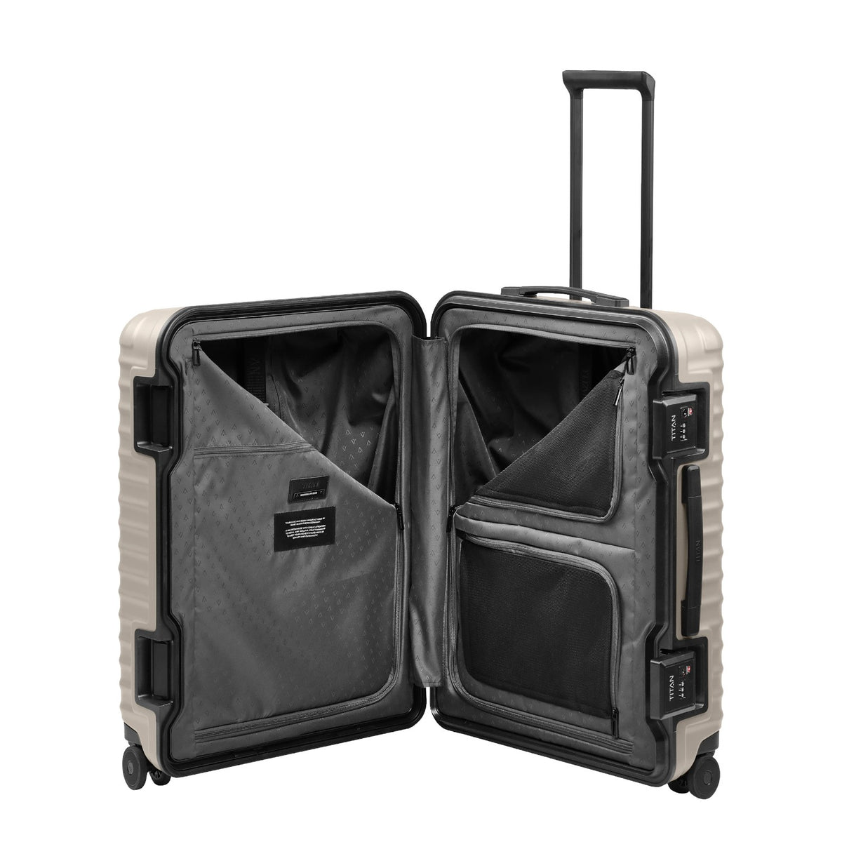 Lieblingstasche OVERSEAS 4w Trolley M+ in beige, shown open to reveal grey interior lining and mesh storage pockets.