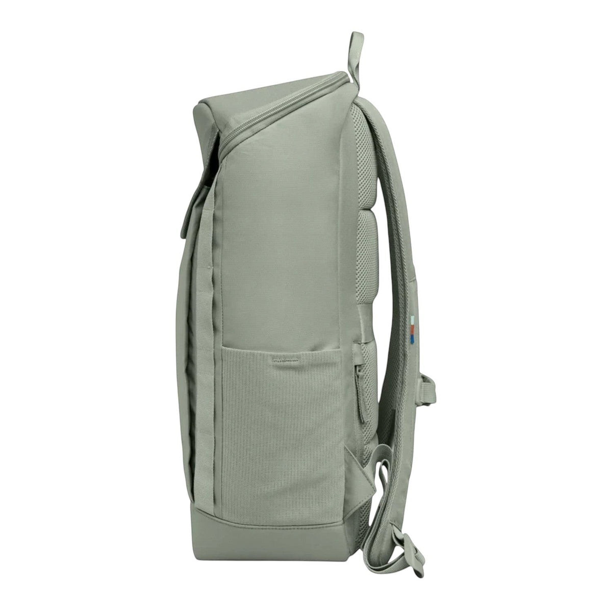 Lieblingstasche Pro Pack sage green laptop backpack, side view showing mesh side pocket and ergonomic straps.
