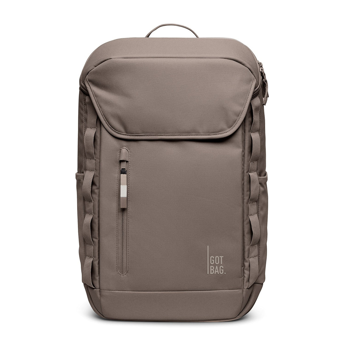 Lieblingstasche Pro Pack taupe backpack with multiple exterior loops and a zippered pocket.
