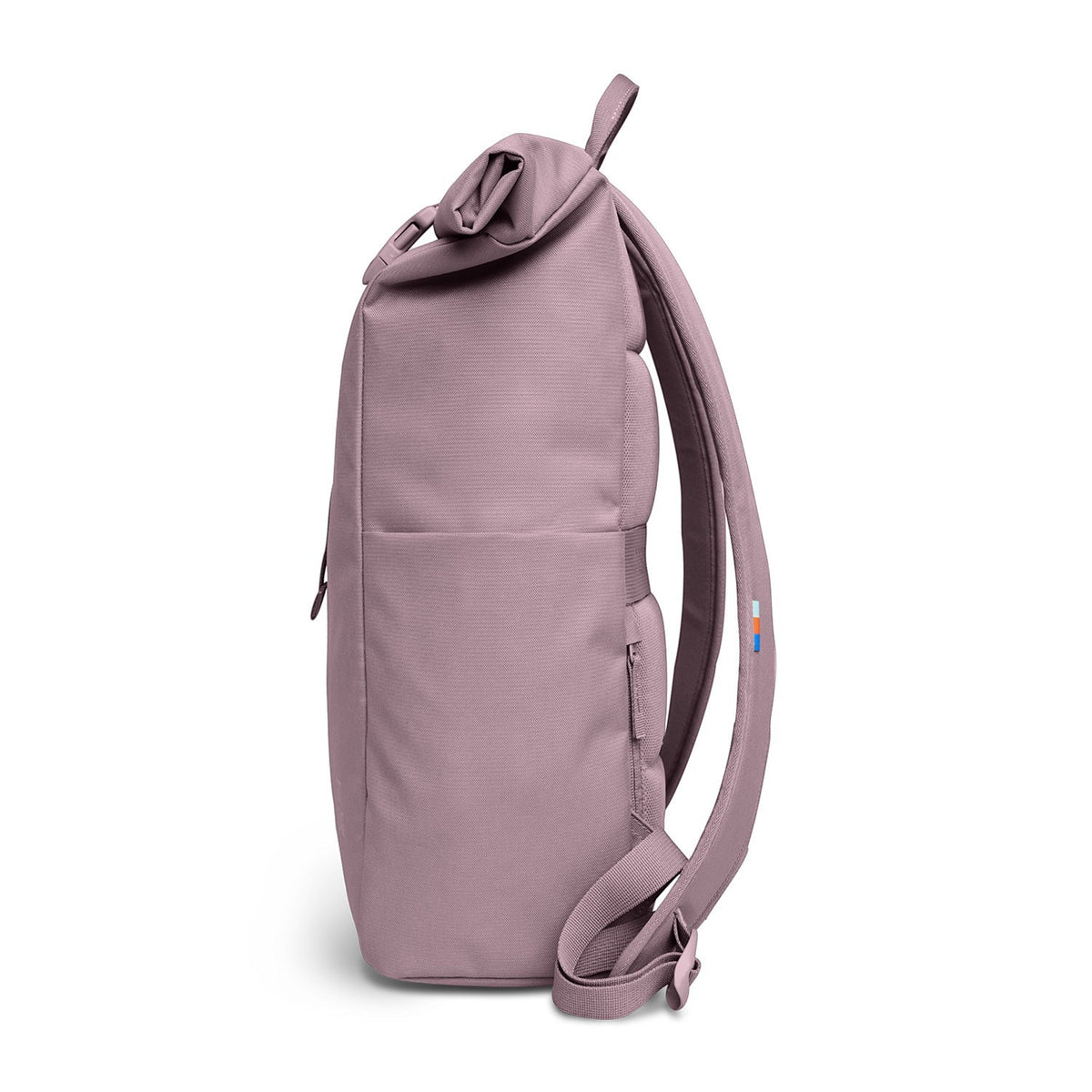 Lieblingstasche Rolltop Easy backpack in dusty rose pink fabric with a rolltop closure and side zip pocket.