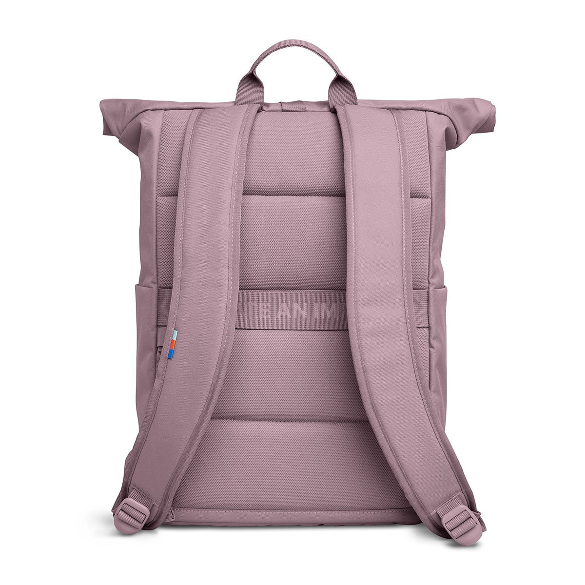 Lieblingstasche Rolltop Easy backpack in dusty rose pink with padded straps and a small flag detail.