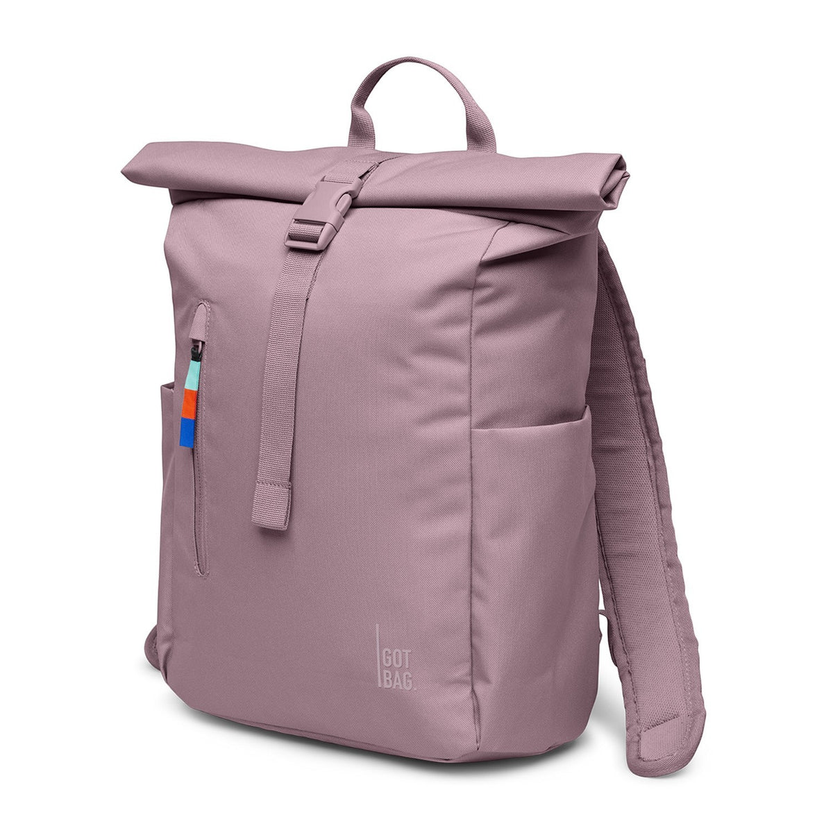 Lieblingstasche Rolltop Easy Small backpack in dusty rose, made from recycled materials, with side pockets and a colorful zipper pull.