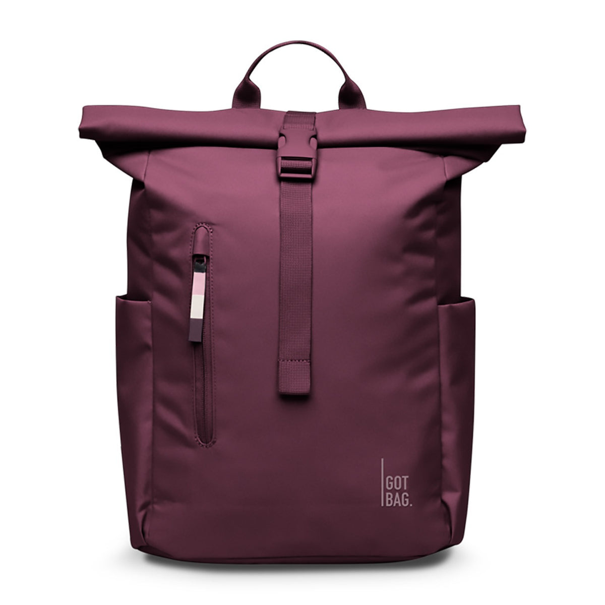 Lieblingstasche Rolltop Easy Small backpack in deep plum with side pockets and a front zip pocket.